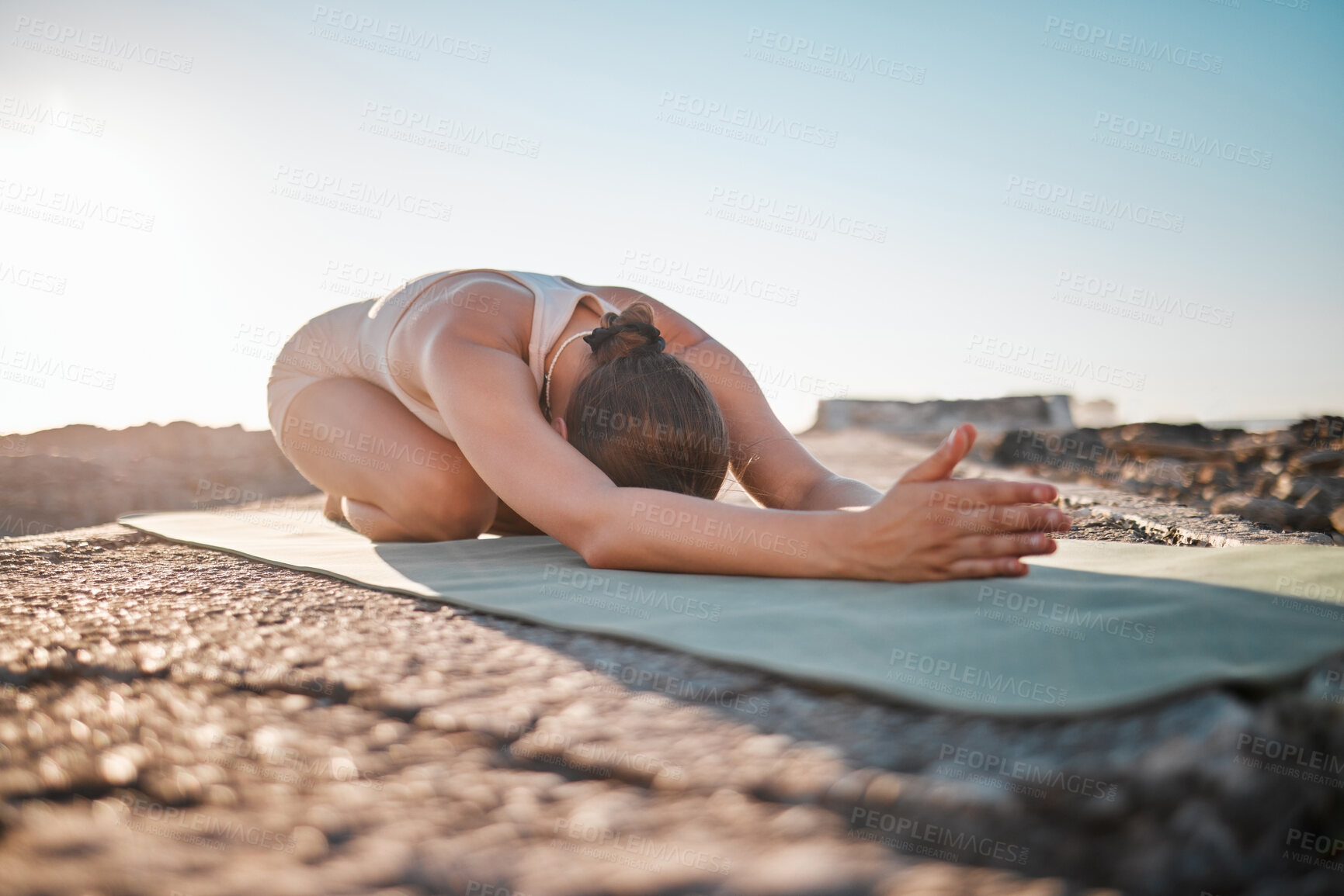 Buy stock photo Exercise, yoga and woman stretching on rock for healthy lifestyle, body wellness and cardio workout. Sports, pilates training and girl do meditation, stretch and fitness for zen mindfulness outdoors