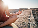 Woman, hands and meditation in yoga on rock for spiritual wellness or peaceful exercise in nature. Hand of female yogi in calm meditating for zen workout, relax or awareness by ocean coast on mockup