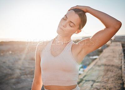 Buy stock photo Beach, fitness or woman stretching neck for exercise running, marathon training and listening to radio, podcast or music. Nature freedom, calm peace or athlete warm up for outdoor performance workout