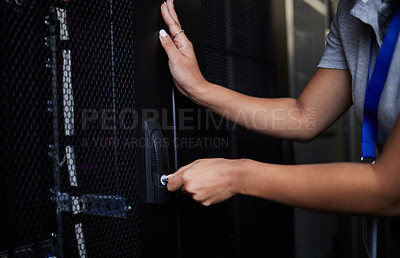 Buy stock photo Engineer, server room and hands opening panel for maintenance or repairs at night. Cybersecurity, programmer and woman or technician with key for database, hardware or cloud computing at data center.