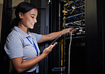 Server room, tablet and engineer woman with connection cable for maintenance or software update at night. Cybersecurity, it programmer or female with technology for database networking in data center