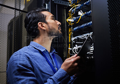 Buy stock photo Tablet database, server room and engineer man looking at connection cables for maintenance or software update at night. Cybersecurity wire, it programmer and male with tech for data center networking