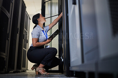 Buy stock photo Server room, engineer and woman with tablet for database connection cable, maintenance or software update at night. Cybersecurity, it and female coder with technology for networking in data center.