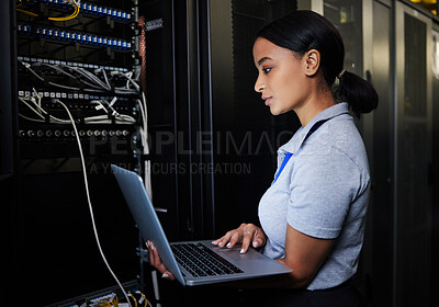 Buy stock photo Engineer, laptop database and woman in server room for software update or maintenance at night. Cybersecurity coder, cloud computing and female programmer with computer for networking in data center.