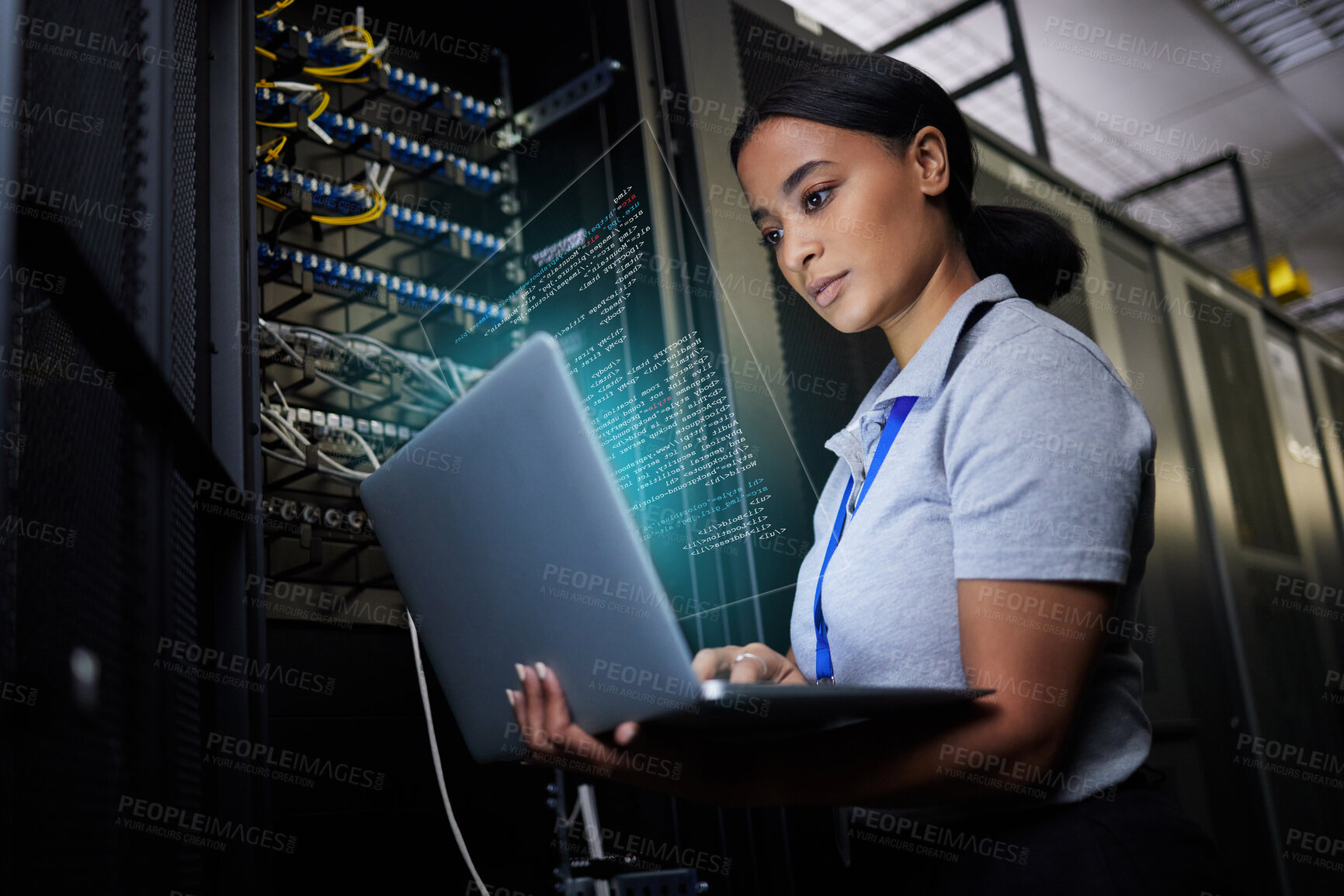 Buy stock photo Laptop, network and data center with a black woman it support engineer working in a dark server room. Computer, cybersecurity and analytics with a female programmer problem solving or troubleshooting