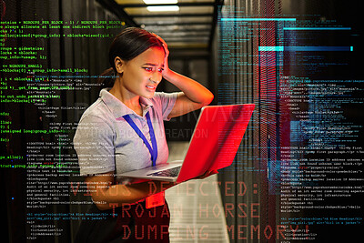 Buy stock photo Headache, hacker stress and black woman with code overlay feeling anxiety from laptop glitch. Cybersecurity, computer 404 problem and it coding analytics graphic with employee burnout at night 
