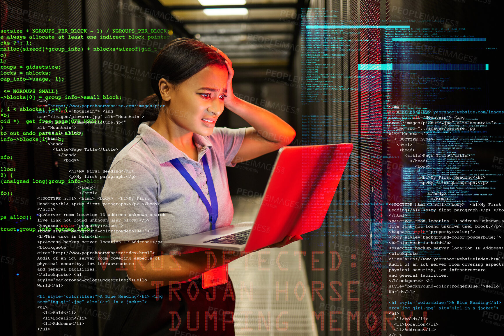 Buy stock photo Headache, hacker stress and black woman with code overlay feeling anxiety from laptop glitch. Cybersecurity, computer 404 problem and it coding analytics graphic with employee burnout at night 