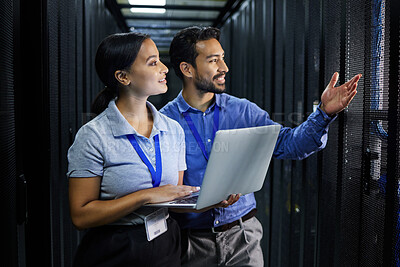 Buy stock photo Server room, laptop and manager people or technician in data center management, system and cyber security. Teamwork, inception and engineering or programmer employees, information technology and code