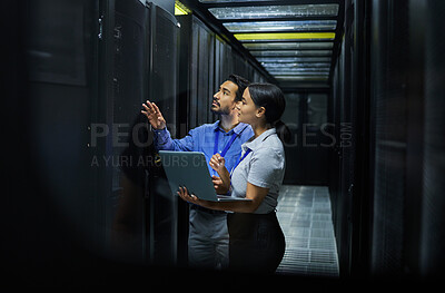 Buy stock photo Server room, network laptop and people software management, system upgrade and cyber security. Teamwork technician, engineering or programmer staff on computer, information technology or programming