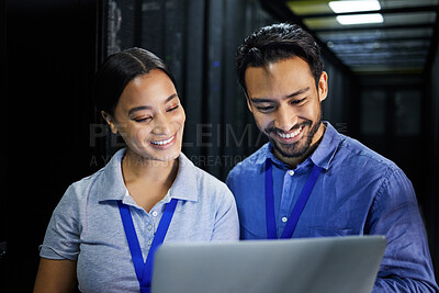 Buy stock photo People, happy or laptop in server room, IT engineering or software programming for cybersecurity, analytics or database safety. Smile, man or data center woman on technology in teamwork collaboration