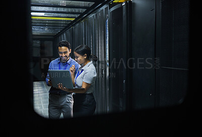 Buy stock photo Server room, technician people and laptop for software management, system upgrade or cyber security. Teamwork, data center and engineer or programmer employees, information technology and programming