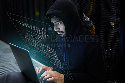 Buy stock photo Cyber security, coding and hacker in server room with hologram, laptop in data center and stealing sensitive digital information. Technology, software and man hacking in database to update ransomware