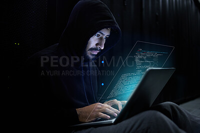 Buy stock photo Cyber security, crime and hacker with laptop coding malware in data center stealing sensitive digital information. Technology, software and man hacking in database to update ransomware on website.