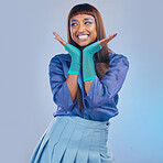 Makeup, fashion and funky with a retro black woman in studio on a blue background for contemporary style. Smile, cosmetics and trendy with a happy or attractive young female posing on a color wall