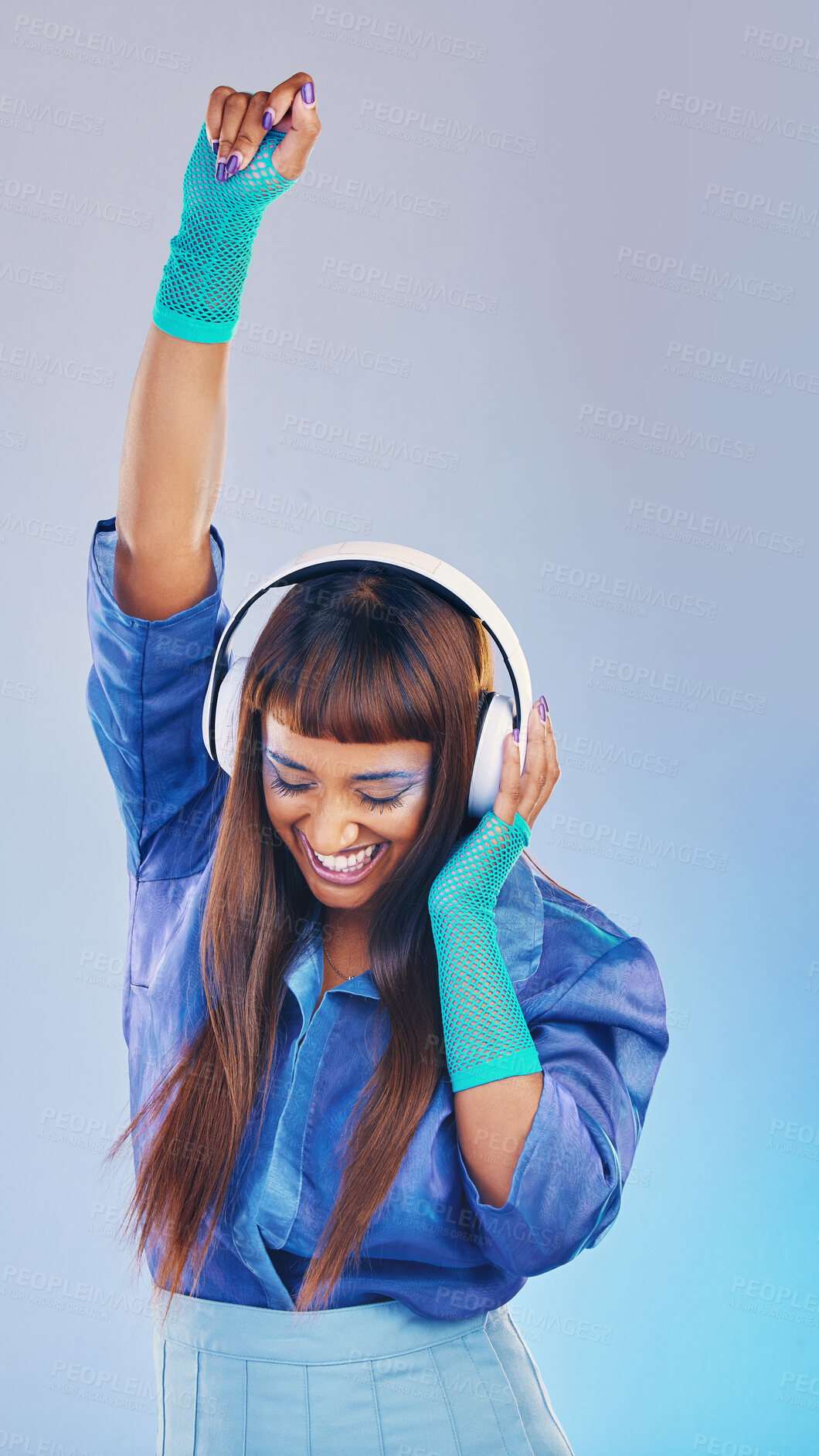 Buy stock photo Future, dance and woman with headphones, celebration and excited on studio background. Fashion, female dancer and lady with trendy outfit, edgy and achievement with girl, groove and streaming music