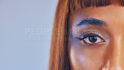 Buy stock photo Festival makeup, glitter eyeshadow and eye portrait of a black woman with cosmetics and mockup. Creative cosmetic, eyebrow sparkle and microblading of a model with eyeliner and studio mock up