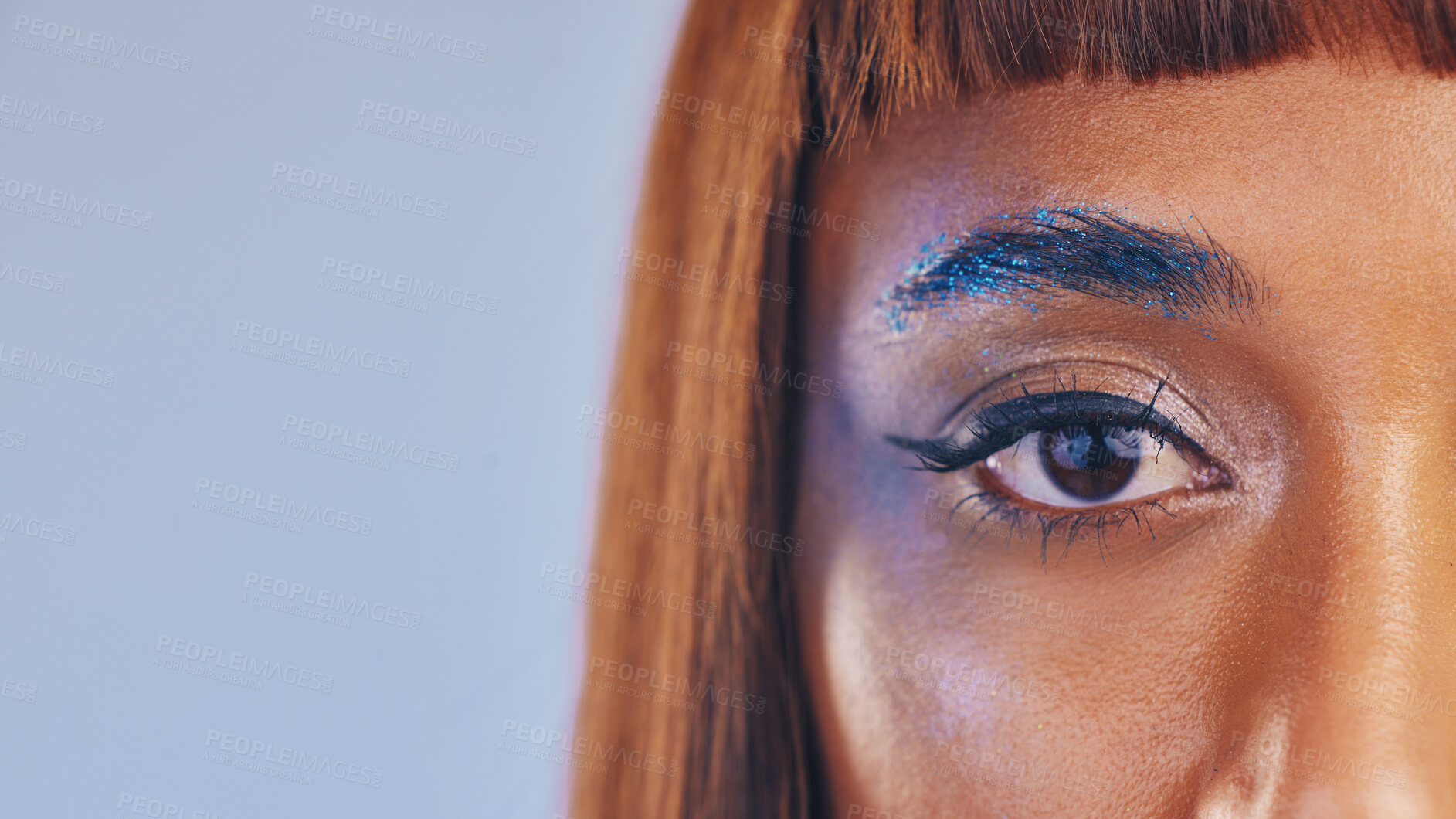 Buy stock photo Festival makeup, glitter eyeshadow and eye portrait of a black woman with cosmetics and mockup. Creative cosmetic, eyebrow sparkle and microblading of a model with eyeliner and studio mock up