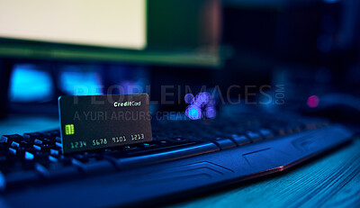 Buy stock photo Computer hacking, credit card fraud and financial theft via ransomware, fintech breach or software virus. Password phishing, neon cyber security or banking privacy risk from scam, ransomware or crime