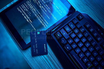 Buy stock photo Information technology, hacking and credit card for cyber security crime, phishing and software on digital tablet. Html script, screen and fintech of data fraud, password and coding on dark neon desk