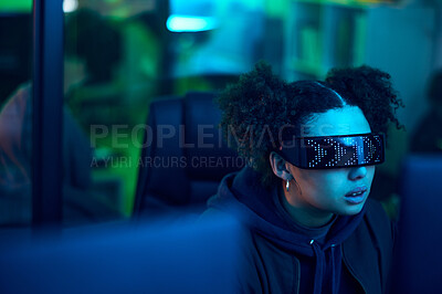 Buy stock photo Computer hacker, cyberpunk and neon woman hacking software, online server or programming password phishing. Blue ransomware developer, cyber security glasses and night programmer coding malware code