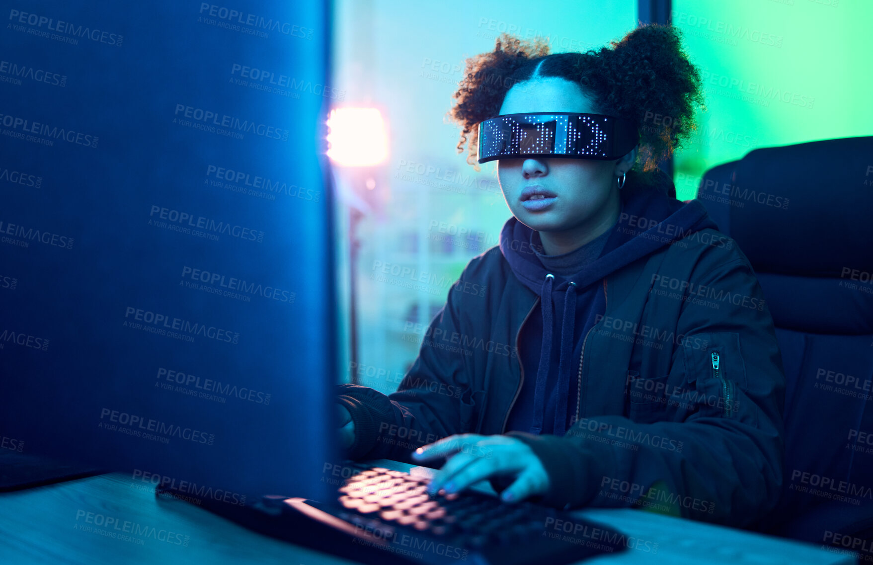 Buy stock photo Computer hacker, cyberpunk and neon girl hacking software, online server or programming password phishing. Blue ransomware developer, cyber security glasses and night programmer coding malware code