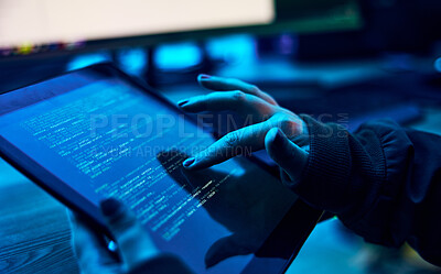 Buy stock photo Tablet, programmer hands and html screen for coding software system. cyber security ro database hacking. Information technology, programming or coding hacker person on script app in neon night office