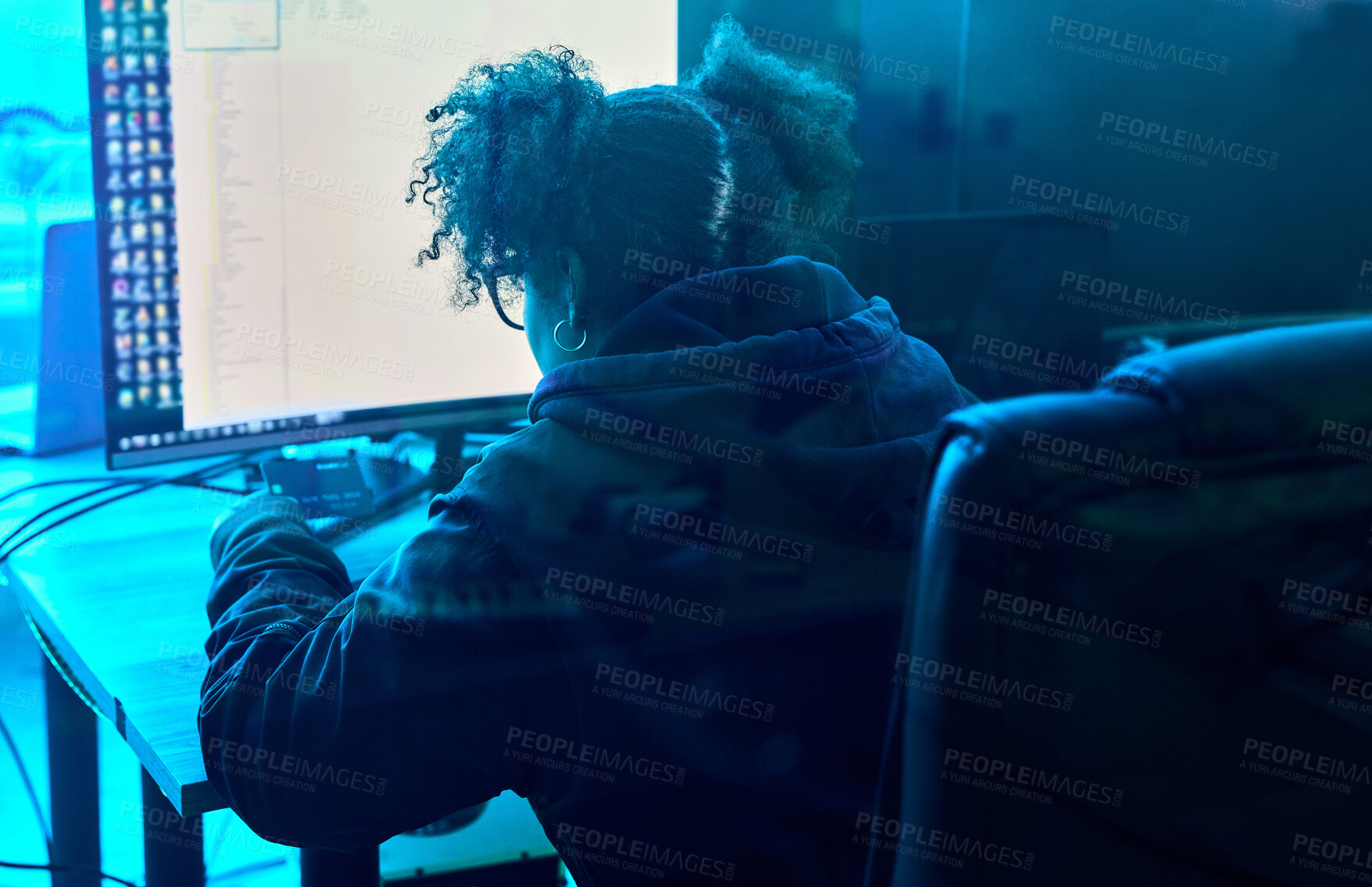 Buy stock photo Computer hacker, night and neon woman hacking database software, online server or programming password phishing. Ransomware developer, cyber security back view and blue programmer coding malware code