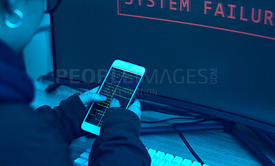 Buy stock photo Phone screen, code and hacker hands for cybersecurity, information technology and phishing fail or safety. Hacking, digital criminal or woman with big data intel, internet crime and firewall software