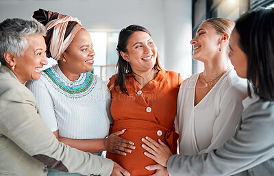 Buy stock photo Pregnant, women touch stomach and support with smile, love and solidarity with care, wellness and bonding. Pregnancy, females and ladies feeling tummy, belly growth and community with diversity