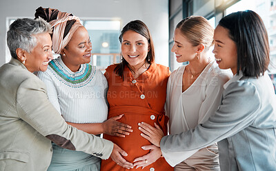 Buy stock photo Pregnant woman, coworkers and smile for touch, stomach and excited with support, solidarity and care. Group, women and pregnancy in office with love, team building and portrait at financial workplace
