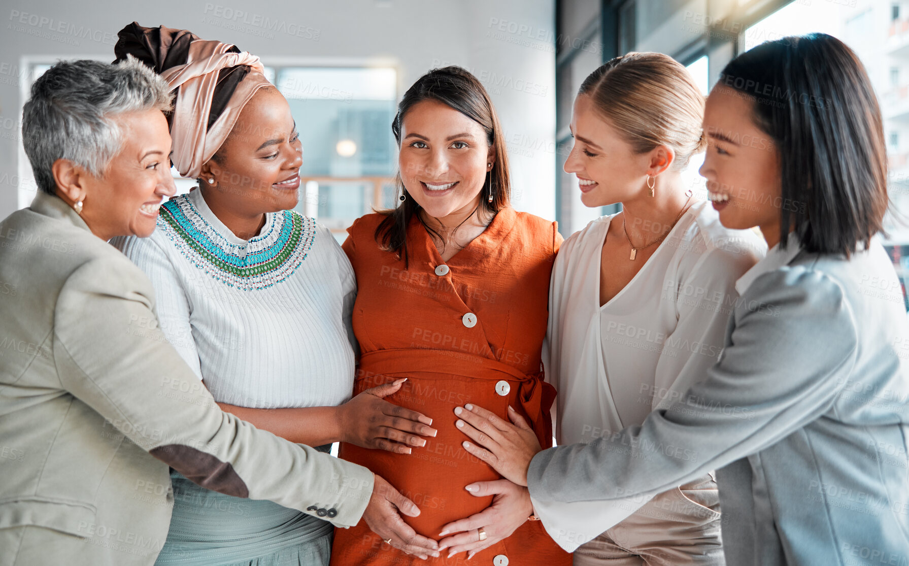 Buy stock photo Pregnant woman, coworkers and smile for touch, stomach and excited with support, solidarity and care. Group, women and pregnancy in office with love, team building and portrait at financial workplace