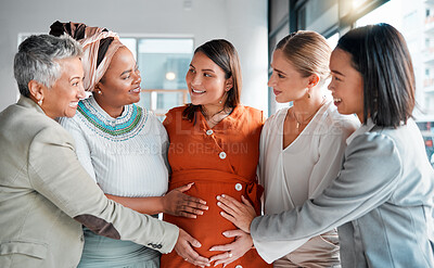 Buy stock photo Happy, smile and pregnant woman at her baby shower with her friends to celebrate pregnancy. Happiness, excited and women supporting prenatal female with friendship on maternity leave at office party.