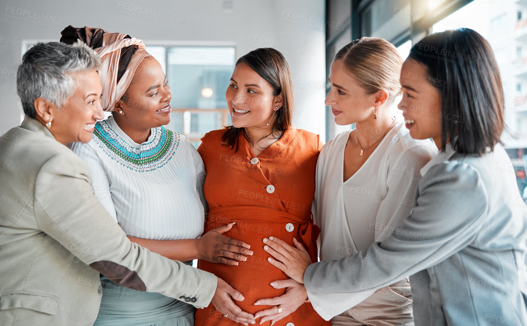 Buy stock photo Happy, smile and pregnant woman at her baby shower with her friends to celebrate pregnancy. Happiness, excited and women supporting prenatal female with friendship on maternity leave at office party.