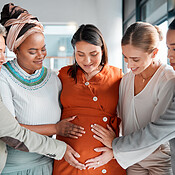 Maternity Teamwork Examples Business friends, office and touch for pregnancy, stomach and excited ...