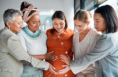 Buy stock photo Business friends, office and touch for pregnancy, stomach and excited with support, solidarity and care. Group, women and pregnant woman with love, team building and happiness at financial workplace