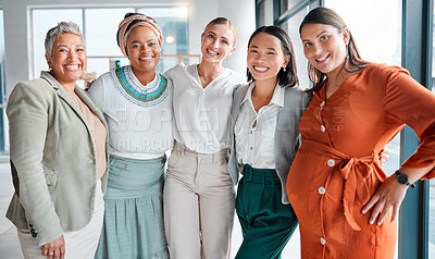 Buy stock photo Women, business solidarity and team portrait in office, excited with support, pregnancy and care. Group, pregnant woman and together with love, community diversity and happy at financial workplace