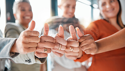 Buy stock photo Hands, team and thumbs up for winning, deal or success in coordination or corporate achievement at office. Hand of group showing thumb sign in teamwork celebration for partnership, agreement or win