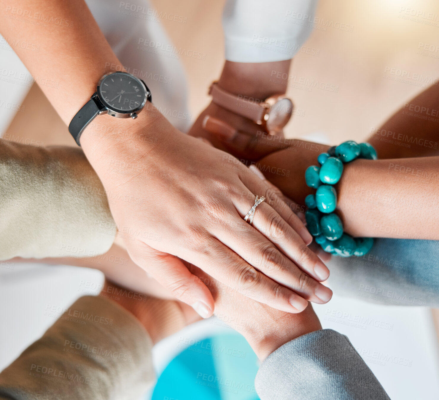 Buy stock photo Business people, hands together zoom and diversity of women in office feeling support and success. Happiness, collaboration and teamwork of workers with work cooperation, trust and motivation