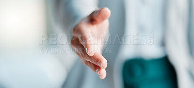 Buy stock photo Hands, handshake and hiring for greeting, meeting or partnership, b2b or unity on blurred background. Hand of employer shaking in congratulations, promotion or growth for employment or deal on mockup