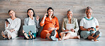 Creative business people, portrait smile and networking sitting together on floor at office. Happy group of employee women smiling with technology in team hiring, welcome or management for startup