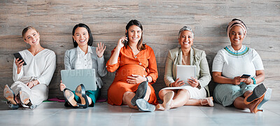 Buy stock photo Creative business people, portrait smile and networking sitting together on floor at office. Happy group of employee women smiling with technology in team hiring, welcome or management for startup