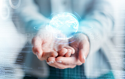 Buy stock photo Hands, 3D globe hologram and global communication in digital marketing or futuristic networking on double exposure. Hand of person holding virtual world for future technology connection on overlay