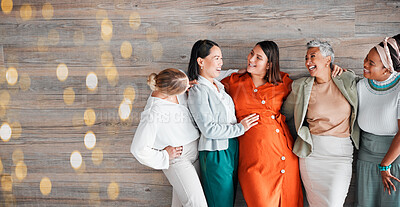 Buy stock photo Pregnant woman, team and happy for touch, stomach or excited by bokeh mockup, solidarity and care. Group, women and pregnancy in office with love, community diversity and smile at financial workplace