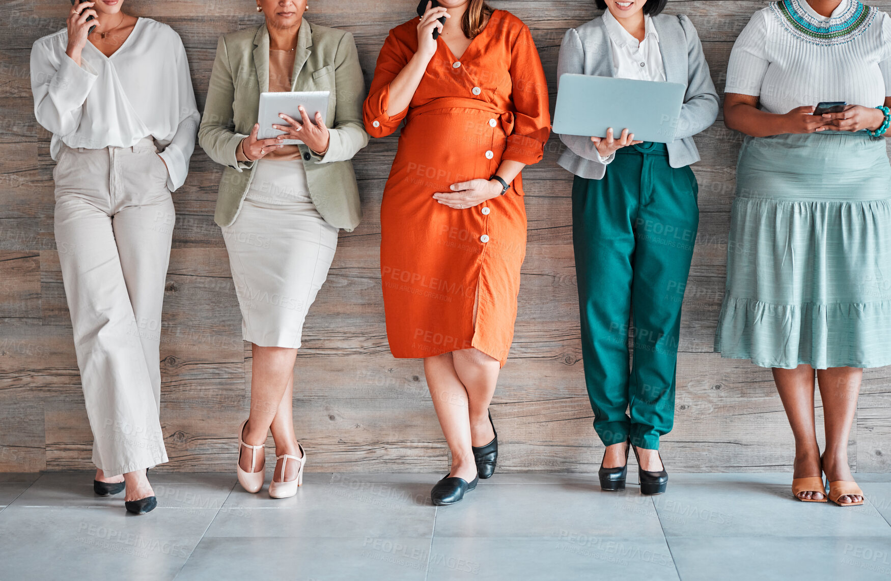 Buy stock photo Recruitment, waiting room and business women on technology for job search opportunity or career inclusion. Diversity, equality of corporate people in Human Resources office on computer and phone call