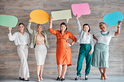 Buy stock photo Feedback, logo and idea with business people and speech bubble for social media, recruitment and diversity. Design, communication and mockup with women and board for vote, review and question 
