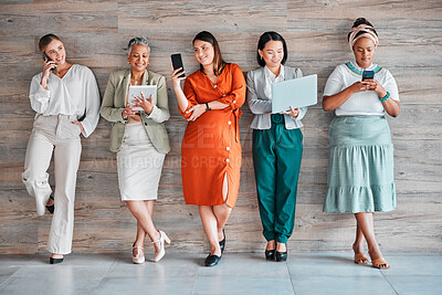 Buy stock photo Technology, waiting room and business women in recruitment for job search opportunity or career inclusion. Diversity, equality of corporate people in Human Resources office on computer and phone call