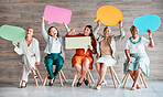 Chat, feedback and portrait of women with speech bubble for contact information on mockup. News, blank and people in business with a board for a survey, social media and conversation with company