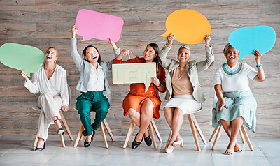 Buy stock photo Chat, feedback and portrait of women with speech bubble for contact information on mockup. News, blank and people in business with a board for a survey, social media and conversation with company
