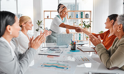 Buy stock photo Handshake, applause and women business meeting success from b2b partnership and deal. Contract agreement, thank you and shaking hands of female office team with diversity and leadership growth
