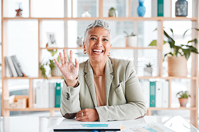 Buy stock photo Senior woman portrait, wave and virtual business meeting call with a corporate ceo ready for working. Office, market research data and mature management employee waving for a greeting and welcome